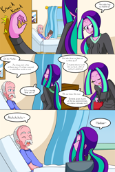 Size: 1050x1575 | Tagged: safe, artist:jake heritagu, imported from derpibooru, aria blaze, oc, oc:smooth tone, comic:aria's archives, comic:nursing home, equestria girls, book, bust, chair, clothes, comic, curtains, dialogue, female, hoodie, immortality is awesome, knocking, male, mother and son, offspring, parent:aria blaze, portrait, speech bubble, window