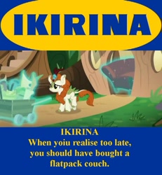 Size: 845x915 | Tagged: safe, imported from derpibooru, autumn blaze, kirin, sounds of silence, cloven hooves, couch, female, ikea, ikirina, irony, needs more jpeg, response