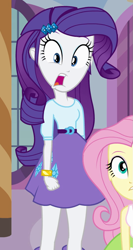 Size: 539x1011 | Tagged: safe, imported from derpibooru, screencap, fluttershy, rarity, equestria girls, equestria girls (movie), belt, clothes, cropped, faic, female, offscreen character, open mouth, shocked, skirt