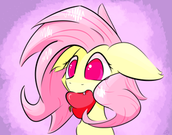 Size: 2895x2287 | Tagged: safe, artist:creepypastapon3, imported from derpibooru, fluttershy, bat pony, pony, apple, biting, bust, fangs, female, floppy ears, flutterbat, food, mare, mouth hold, no pupils, portrait, race swap, solo