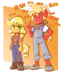 Size: 700x850 | Tagged: safe, artist:thegreatrouge, imported from derpibooru, applejack, big macintosh, anthro, earth pony, plantigrade anthro, where the apple lies, blah, blah blah blah, brother and sister, clothes, duo, eyes closed, female, freckles, male, overalls, suspenders, teenage applejack, teenager, younger