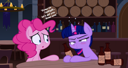 Size: 3451x1841 | Tagged: safe, artist:shoutingisfun, artist:slb94, imported from derpibooru, pinkie pie, twilight sparkle, earth pony, pony, unicorn, alcohol, bar, blushing, cider, concerned, drunk, drunk bubbles, drunk twilight, duo, female, go home you're drunk, mare, twilight is not amused, twilight sparkle is not amused, unamused, unicorn twilight