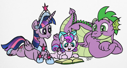 Size: 3264x1730 | Tagged: safe, artist:aleximusprime, imported from derpibooru, princess flurry heart, spike, twilight sparkle, alicorn, dragon, pony, book, bow, crown, fat, fat spike, female, hair bow, jewelry, mare, obese, older, older flurry heart, older spike, reading, regalia, smiling, twilight sparkle (alicorn), winged spike, wings