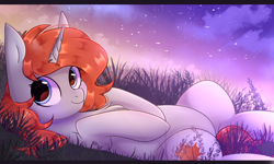 Size: 5000x3000 | Tagged: safe, artist:pesty_skillengton, imported from derpibooru, oc, oc only, pony, unicorn, cute, female, grass, mare, night, on back, sky, smiling, solo, stars, ych result