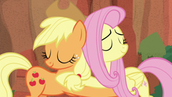 Size: 1280x720 | Tagged: safe, imported from derpibooru, screencap, applejack, fluttershy, sounds of silence, hug