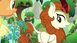 Size: 1280x720 | Tagged: safe, imported from derpibooru, screencap, applejack, autumn blaze, kirin, sounds of silence, spoiler:s08, flower, foal's breath