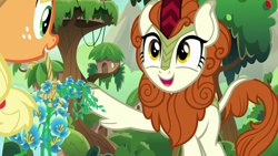 Size: 1280x720 | Tagged: safe, imported from derpibooru, screencap, applejack, autumn blaze, kirin, sounds of silence, spoiler:s08, flower, foal's breath