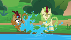 Size: 1280x720 | Tagged: safe, imported from derpibooru, screencap, fern flare, spring glow, kirin, sounds of silence, background kirin, cloven hooves, duo, eyes closed, female, splash, water