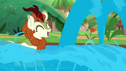 Size: 1280x720 | Tagged: safe, imported from derpibooru, screencap, autumn blaze, kirin, sounds of silence, awwtumn blaze, cute, female, fountain, solo, water