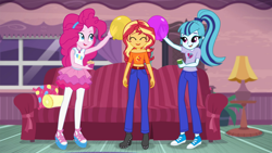 Size: 1024x576 | Tagged: safe, artist:limedazzle, imported from derpibooru, part of a set, pinkie pie, sonata dusk, sunset shimmer, equestria girls, equestria girls series, balloon, clothes, converse, couch, cup, cupcake, eyes closed, female, food, geode of sugar bombs, pants, ponytail, shirt, shoes, show accurate, smiling, static electricity