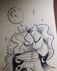 Size: 480x600 | Tagged: safe, artist:mychelle, imported from derpibooru, princess luna, pony, female, inktober, magic, monochrome, moon work, solo, traditional art