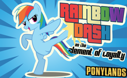 Size: 3000x1847 | Tagged: safe, artist:mrkat7214, imported from derpibooru, rainbow dash, pegasus, pony, bipedal, borderlands, female, poster, solo, sunburst background