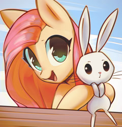 Size: 1102x1149 | Tagged: safe, artist:mirroredsea, imported from derpibooru, angel bunny, fluttershy, pony, bust, cute, duo, female, hoof hold, looking at you, mare, open mouth, shyabetes, smiling