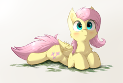 Size: 2338x1582 | Tagged: safe, artist:kaliner123, imported from derpibooru, fluttershy, pegasus, pony, blushing, cheek fluff, chest fluff, cute, female, folded wings, mare, prone, shyabetes, simple background, solo, wings