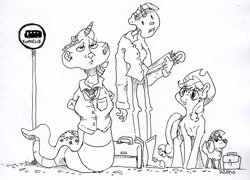 Size: 2366x1699 | Tagged: safe, artist:dilarus, deleted from derpibooru, imported from derpibooru, applejack, twilight sparkle, anthro, dog, earth pony, pony, snake, comic:the many faces of twilight sparkle, anthro with ponies, bus stop, hat, horn, monochrome, not salmon, sign, simple background, species swap, traditional art, wat, white background