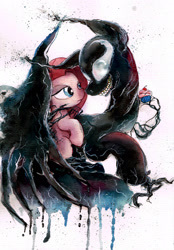 Size: 1600x2293 | Tagged: safe, artist:mashiromiku, imported from derpibooru, pinkie pie, pinkamena diane pie, traditional art, venom, venom (2018), watercolor painting