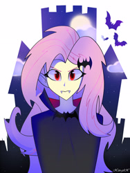 Size: 2448x3264 | Tagged: safe, artist:xan-gelx, imported from derpibooru, fluttershy, bat, vampire, equestria girls, castle, clothes, fangs, female, flutterbat, halloween, holiday, looking at you, red eyes, solo