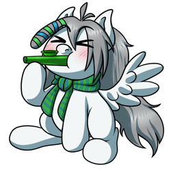 Size: 1280x1280 | Tagged: safe, artist:alittleofsomething, imported from derpibooru, oc, oc only, oc:umbra winterdance, pegasus, pony, ><, clothes, eyes closed, kazoo, musical instrument, scarf, simple background, solo, transparent background