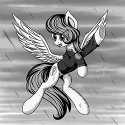 Size: 3000x3000 | Tagged: safe, artist:adagiostring, imported from derpibooru, oc, oc only, oc:morning glory (project horizons), pegasus, pony, fallout equestria, fallout equestria: project horizons, black and white, fanfic art, female, flying, grayscale, manga, monochrome, rain, solo