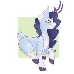 Size: 750x750 | Tagged: safe, artist:pitifulrocks, imported from derpibooru, oc, oc only, deer, pony, abstract background, antlers, blue, cloven hooves, cute, pastel, raised hoof, smiling, solo