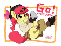 Size: 1720x1300 | Tagged: safe, artist:potetecyu_to, imported from derpibooru, apple bloom, pony, semi-anthro, arm hooves, boots, bow, clothes, female, filly, mouth hold, shoes, skirt, solo, tying shoes