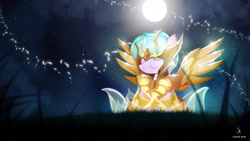 Size: 1920x1080 | Tagged: safe, artist:zidanemina, imported from derpibooru, oc, oc only, pegasus, pony, armor, full moon, horoscope, moon, saint seiya, scenery, sitting, solo, virgo