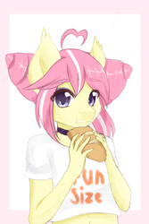 Size: 1200x1800 | Tagged: safe, artist:sukoi, imported from derpibooru, oc, oc only, oc:sunset sorbet, anthro, anthro oc, bread, clothes, eating, female, food, looking at you, shirt, solo