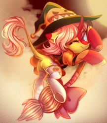 Size: 672x775 | Tagged: safe, artist:cabbage-arts, imported from derpibooru, oc, oc only, oc:harmony harp, pony, broom, commission, commissioner:harmony harp, flying, flying broomstick, hat, solo, witch, ych result