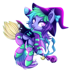 Size: 800x798 | Tagged: safe, artist:cabbage-arts, imported from derpibooru, oc, oc only, oc:rainbow sherbet, bat pony, pony, bat pony oc, broom, commission, commissioner:prplepsychopath, female, flying, flying broomstick, hat, mare, simple background, solo, transparent background, witch, ych result