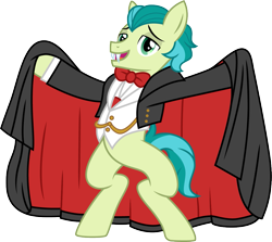 Size: 1123x1000 | Tagged: safe, artist:cloudy glow, artist:cloudyglow, idw, imported from derpibooru, sandbar, earth pony, pony, spoiler:comic, spoiler:comic71, bowtie, cape, chains, clothes, costume, cummerbund, dracula, idw showified, male, simple background, smiling, solo, teenager, transparent background, tuxedo, waistcoat