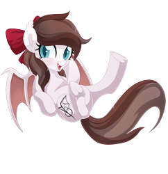 Size: 1000x1032 | Tagged: safe, artist:xsidera, imported from derpibooru, oc, oc only, oc:aurelia freefeather, oc:aurelleah, oc:aurry, bat pony, pony, bow, clothes, colored wings, commission, cute, hair bow, on back, simple background, smiling, solo, transparent background