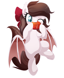 Size: 999x1210 | Tagged: safe, artist:xsidera, imported from derpibooru, oc, oc only, oc:aurelia freefeather, oc:aurelleah, oc:aurry, bat pony, pony, biting, bow, clothes, colored wings, commission, cute, eating, fluffy mane, food, hair bow, happy, mango, nom, one eye closed, simple background, solo, transparent background