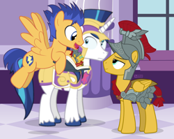 Size: 1100x875 | Tagged: safe, artist:dm29, imported from derpibooru, flash magnus, flash sentry, shining armor, pegasus, pony, unicorn, ancestors, armor, autograph, book, commission, cute, descendant, descendants, diasentres, doll, fanboy, flying, helmet, karol jankiewicz, male, namesake, plushie, polish, pop-up book, quill, stallion, toy, trio, voice actor joke, wings