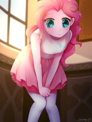 Size: 3000x4000 | Tagged: safe, artist:jeremywithlove, imported from derpibooru, pinkie pie, equestria girls, absurd resolution, blushing, clothes, cute, diapinkes, female, heart eyes, looking at you, pantyhose, skirt, skirt pull, smiling, solo, window, wingding eyes