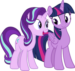 Size: 2000x1896 | Tagged: safe, artist:whalepornoz, imported from derpibooru, starlight glimmer, twilight sparkle, alicorn, pony, unicorn, it isn't the mane thing about you, .svg available, duo, female, folded wings, horn, looking at each other, mare, open mouth, simple background, smiling, teacher and student, transparent background, twilight sparkle (alicorn), vector, wings