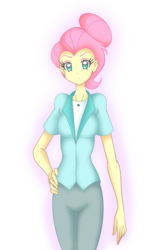 Size: 1467x2378 | Tagged: safe, artist:grandzebulon, imported from derpibooru, fluttershy, equestria girls, fake it 'til you make it, alternate hairstyle, anatomically incorrect, bad anatomy, clothes, equestria girls interpretation, female, hair bun, pants, severeshy, snooty, solo