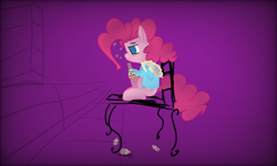 Size: 2000x1200 | Tagged: safe, artist:packy paca, imported from derpibooru, pinkie pie, pony, apple juice, chair, clothes, female, gradient background, hoodie, hoof hold, juice, no pupils, sitting, solo, tired