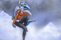 Size: 4500x3000 | Tagged: safe, artist:redwix, imported from derpibooru, oc, oc only, oc:falling skies, anthro, pegasus, anthro oc, breasts, cleavage, clothes, female, freckles, goggles, jacket, scarf, snow, snowfall, solo, ych result
