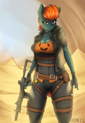 Size: 5500x8000 | Tagged: safe, artist:redwix, imported from derpibooru, oc, oc only, anthro, absurd resolution, anthro oc, clothes, female, gun, looking at you, solo, weapon, ych result