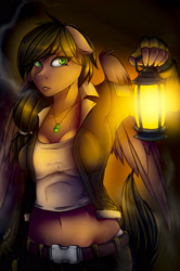 Size: 1920x2895 | Tagged: safe, artist:redwix, imported from derpibooru, oc, oc only, anthro, pegasus, 2017, anthro oc, belly button, cave, clothes, female, green eyes, lantern, midriff, pants, scribble netty, solo, ych result