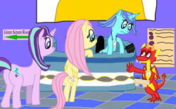 Size: 3216x1998 | Tagged: safe, artist:sb1991, imported from derpibooru, fluttershy, starlight glimmer, oc, oc:red the dragon, oc:twinkle hooves, dragon, pegasus, pony, unicorn, fanfic art, link in description, story art, studio