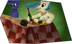 Size: 769x475 | Tagged: safe, artist:sneshneeorfa, imported from derpibooru, princess celestia, princess luna, turkey, beer bottle, glass, ponies eating meat, table, wine glass