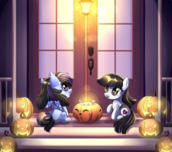 Size: 3333x2943 | Tagged: safe, artist:airiniblock, imported from derpibooru, oc, oc only, bat pony, earth pony, pony, bat pony oc, candy, clothes, costume, cute, door, duo, female, filly, food, halloween, holiday, jack-o-lantern, ocbetes, open mouth, pumpkin, rcf community, smiling