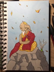 Size: 1024x1365 | Tagged: safe, artist:hebini, imported from derpibooru, oc, oc only, earth pony, pony, autumn, buddhism, eyes closed, inktober, inktober 2018, leaves, meditating, monk, smiling, solo, traditional art