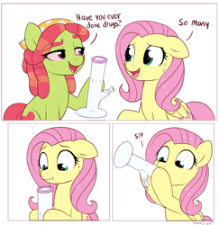 Size: 2916x2998 | Tagged: safe, artist:moozua, imported from derpibooru, fluttershy, tree hugger, earth pony, pegasus, pony, blatant lies, bong, comic, drinking, drugs, duo, female, imminent vomiting, mare, marijuana, painfully innocent fluttershy, peer pressure, ponified, scrunchy face, silly, silly pony, simple background, tree stoner, white background, you're doing it wrong