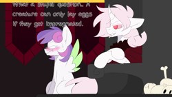 Size: 3500x1992 | Tagged: safe, artist:scarletverse, artist:taaffeiite, deleted from derpibooru, imported from derpibooru, oc, oc only, oc:lavender belle, oc:scarlet starlight, pegasus, pony, unicorn, bone, cloak, clothes, dialogue, female, implied oviposition, mare, parent:cyberia starlight, parent:sakura starlight, scarletverse, simple background, skull, spread wings, wingboner, wings