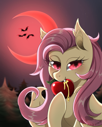 Size: 2000x2500 | Tagged: safe, artist:beanbunn, imported from derpibooru, fluttershy, bat, bat pony, apple, blood moon, crescent moon, eating, fangs, female, flutterbat, food, herbivore, looking at you, moon, night, race swap, solo