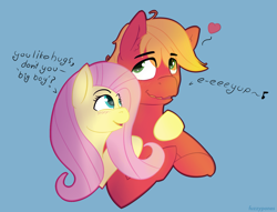 Size: 1371x1048 | Tagged: safe, artist:fuzzypones, imported from derpibooru, big macintosh, fluttershy, blue background, blushing, eye clipping through hair, female, floating heart, fluttermac, heart, hug, male, music notes, pictogram, shipping, simple background, straight