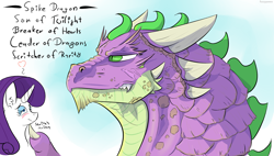 Size: 1964x1118 | Tagged: safe, artist:fuzzypones, imported from derpibooru, rarity, spike, blushing, chin scratch, female, male, older, older spike, shipping, size difference, sparity, straight