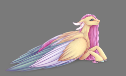 Size: 1118x670 | Tagged: safe, artist:remalmok, imported from derpibooru, fluttershy, pony, colored wings, female, gray background, multicolored wings, prone, simple background, solo